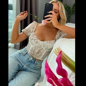 Puff Sleeve Embroidered Flower Milkmaid CROP Top Floral Mesh Insert XSMALL MESH